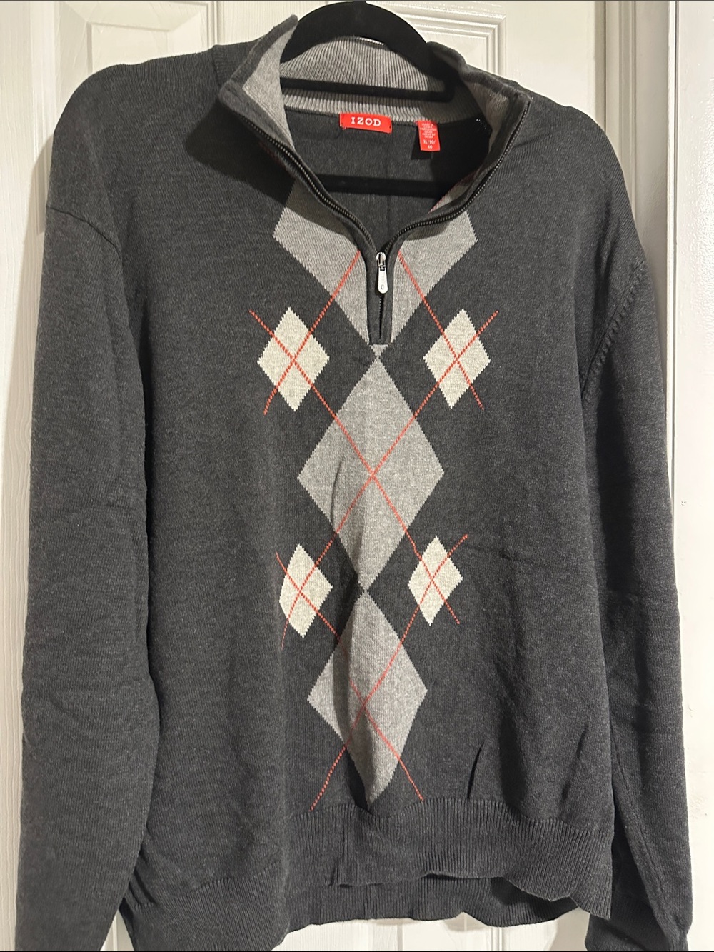 Izod Men’s Charcoal Argyle Quarter-Zip Sweater with Cream & Light Gray Accents